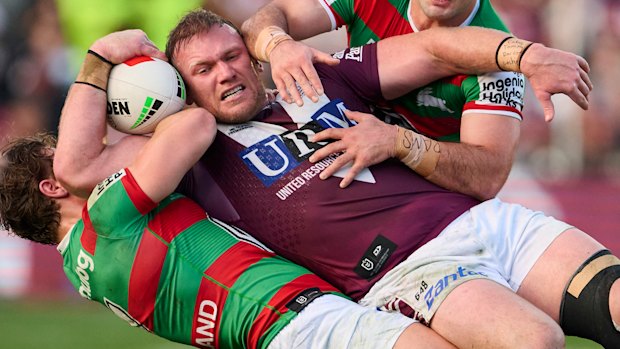 Matthew Lodge on the charge for Manly last season. 