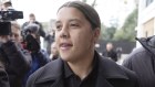 Chelsea and Australia striker Sam Kerr arrives at Kingston Crown Court where she is charged with alleged racially aggravated harassment of a police officer, in London, Monday, Feb. 3, 2025. 