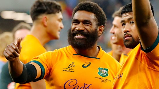 Marika Koroibete and Folau Fainga’a celerate after victory in Perth.
