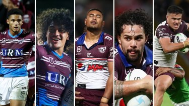 Jason Saab, Christian Tuipulotu, Haumole Olakau’atu, Josh Aloiai and Josh Schuster are five of the seven Manly players who have withdrawn from Thursday’s clash with the Roosters.