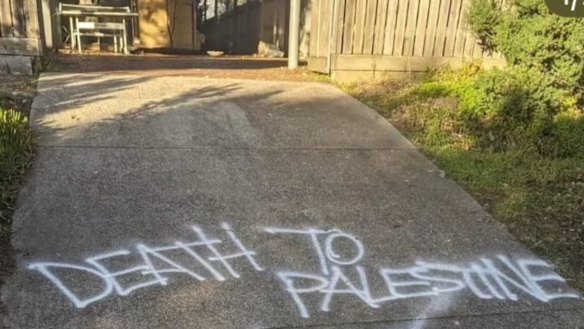Anti-Palestine graffiti outside the home of Rita Manessis in Melbourne’s north-east.