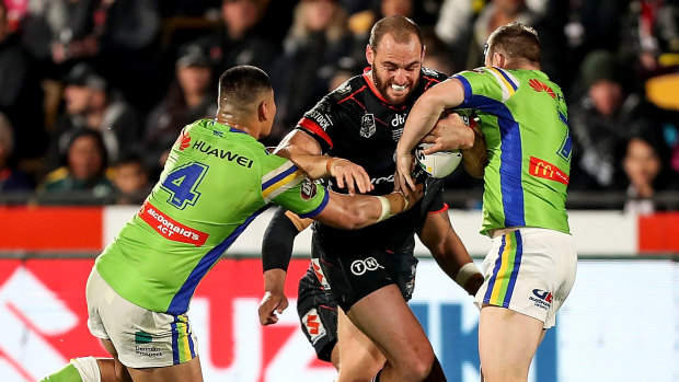 Hobbled: Simon Mannering finished his 300th NRL game on the sideline.