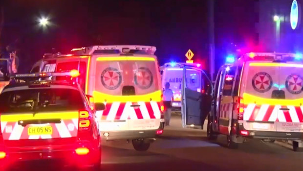 Emergency vehicles at the scene of the stabbings on Saturday night. 