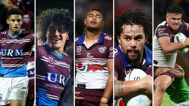 Jason Saab, Christian Tuipulotu, Haumole Olakau’atu, Josh Aloiai and Josh Schuster are five of the seven Manly players who have withdrawn from Thursday’s clash with the Roosters.