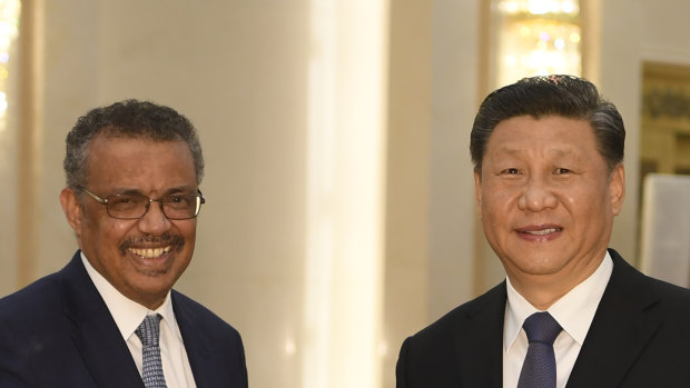 President Xi Jinping with WHO director-general Tedros Adhanom Ghebreyesus in Beijing on January 28. 