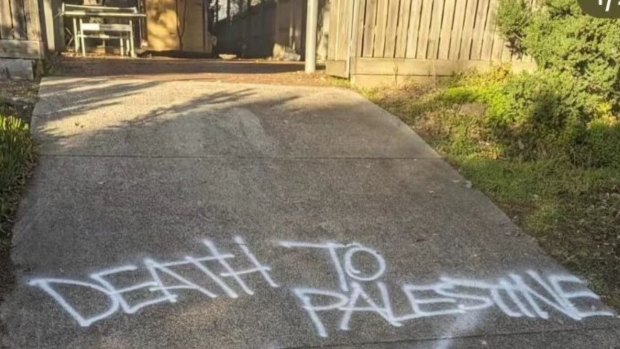 Anti-Palestine graffiti outside the home of Rita Manessis in Melbourne’s north-east.