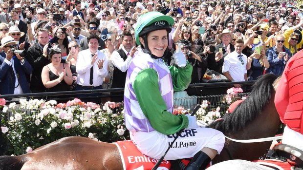 First woman to win the Melbourne Cup: Michelle Payne in 2015 at Flemington.
