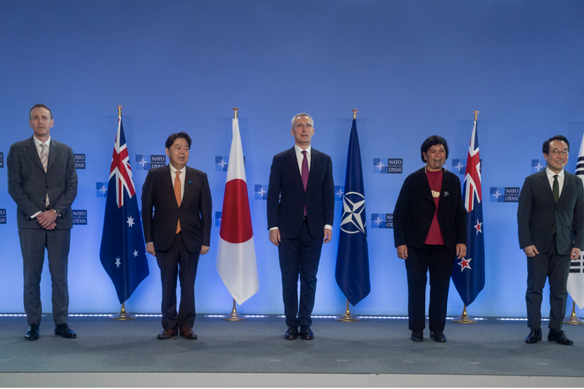 Australia’s deputy ambassador to NATO David Dutton, Japan’s Foreign Minister Yoshimasa Hayashi, NATO secretary general Jens Stoltenberg, New Zealand’s Foreign Minister Nanaia Mahuta and South Korea’s Vice Foreign Minister Do Hoon Lee at NATO on April 5.