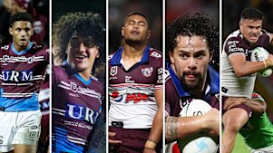 Jason Saab, Christian Tuipulotu, Haumole Olakau’atu, Josh Aloiai and Josh Schuster are five of the seven Manly players who have withdrawn from Thursday’s clash with the Roosters.