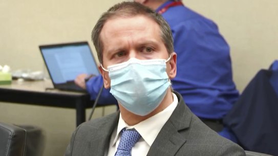 Derek Chauvin listens as his verdict is delivered on Wednesday.
