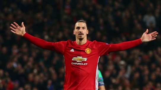 FILE - In this file photo dated Thursday, Feb. 16, 2017, Manchester United's Zlatan Ibrahimovic celebrates after scoring during the Europa League round of 32 first leg soccer match between Manchester United and St.-Etienne at the Old Trafford stadium in Manchester, England. Manchester United is in talks with Zlatan Ibrahimovic about the striker playing again for the club, after he has finished rehabilitation from a knee injury and returned to fitness in December 2017, United manager Jose Mourinho said on Friday Aug. 11, 2017.(AP Photo/Dave Thompson)