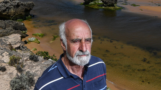 Environmental scientist John Sherwood on the site of Aboriginal middens and ancient campfires at the Moyjil midden site.