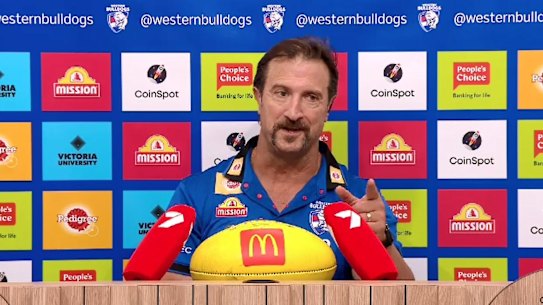 Western Bulldogs coach Luke Beveridge spoke to media for the first time since his spray at a journalist last week.