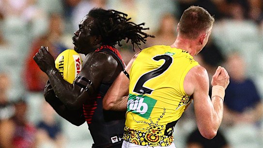 Dylan Grimes was awarded a free kick against the Bombers that saw an Anthony McDonald-Tipungwuti goal overturned.