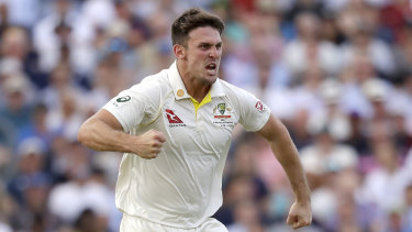 Mitchell Marsh celebrates after taking a wicket in the fifth Ashes Test.