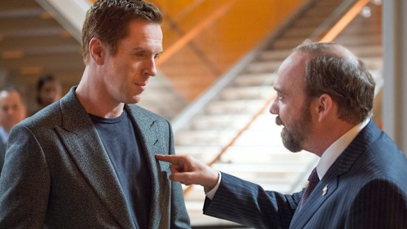 Damian Lewis as Bobby "Axe" Axelrod and Paul Giamatti as Chuck Rhoades in Billions, which screens on the Stan service.