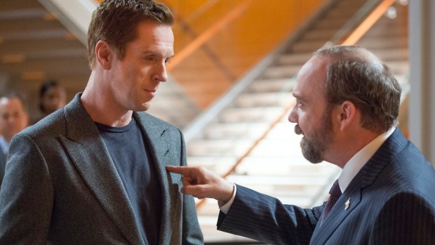 Damian Lewis as Bobby "Axe" Axelrod and Paul Giamatti as Chuck Rhoades in Billions, which screens on the Stan service.