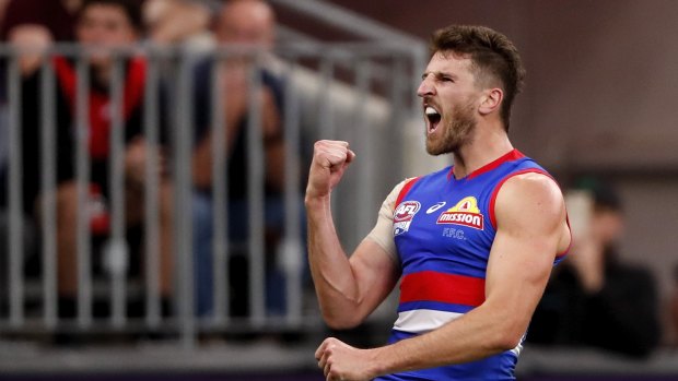 Marcus Bontempelli of the Bulldogs celebrates a goal during the 2021 Toyota AFL Grand Final match between the Melbourne Demons and the Western Bulldogs at Optus Stadium on September 25, 2021 in Perth, Australia. 