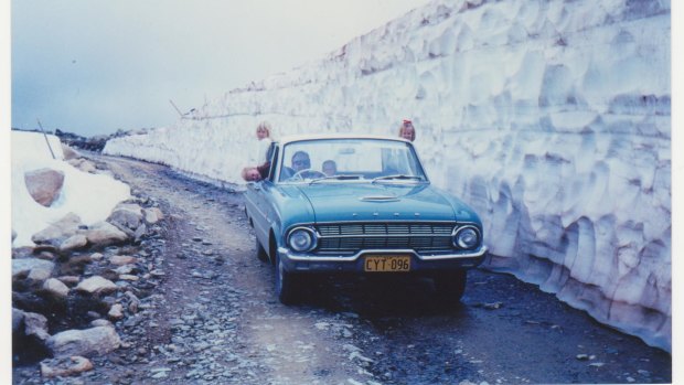 The Irvine family on the road between Sponars and Smiggin Holes in 1969. You don’t see walls of snow like this anymore!