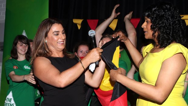 Lidia Thorpe celebrates with Greens leader Samantha Ratnam after winning the Northcote byelection in 2017.