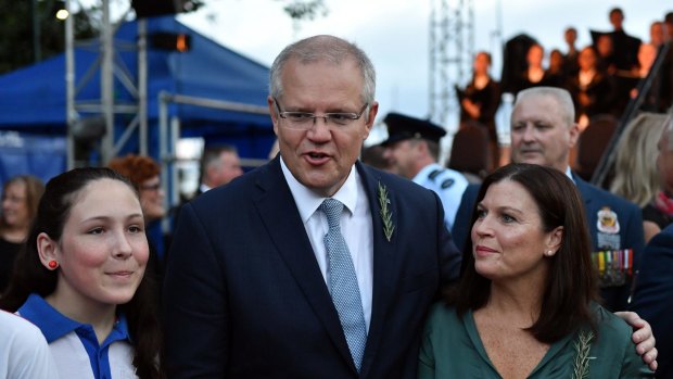 Prime Minister Scott Morrison and wife Jenny attend Anzac Day Dawn services at Anzac Memorial Park in Townsville.