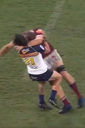 Corey Toole was hit by Angus Blyth during the Brumbies-Reds clash.