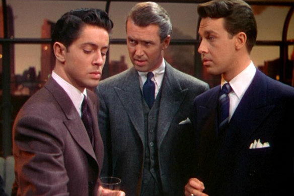 Farley Granger, James Stewart and John Dall in Alfred Hitchcock's Rope (1948).