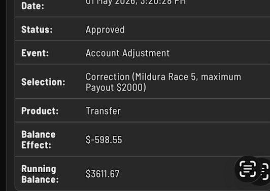 The punter’s winning bet was adjusted to remove $598.55.