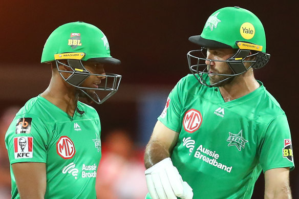 Glenn Maxwell, right, and Nicholas Pooran, left, in action on Saturday. 