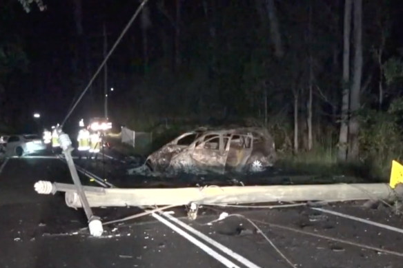 The scene of a fiery two-car crash at Bonogin in the Gold Coast hinterland on Friday, December 30, 2022.