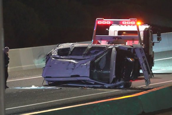 The car rolled onto its roof on the Mitchell Freeway. 