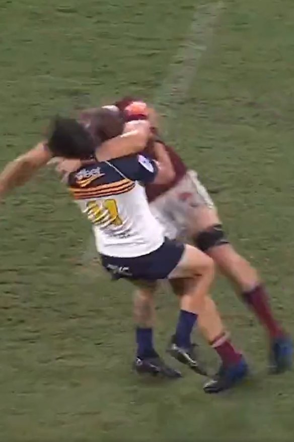 Corey Toole was hit by Angus Blyth during the Brumbies-Reds clash.