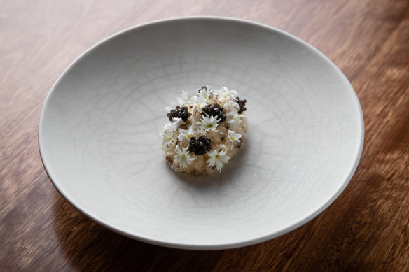 Smoked eel cream, young almonds and oscietra caviar at Quay in Sydney.