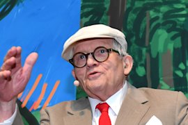 The artist at the opening of his 2016 exhibition David Hockney: Current at the National Gallery of Victoria.