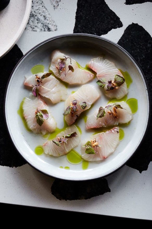 Kingfish with ginger and yuzu vinaigrette.