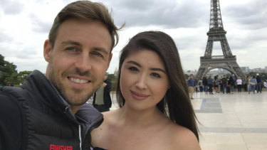 Melbourne student nurse Jade Stevenson and her husband Tom Nuttall reunite in Paris in June, 2018, a year since lodging their partner visa for Tom, a British citizen living in the UAE, to come to Australia. 