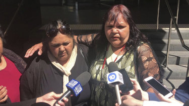 Francina Wynne and Jennifer Loo, mother and aunty of Kyrone Eades, speak to media outside court. 