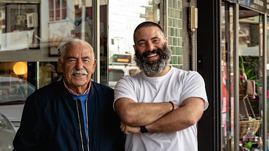 Umberto and Marco Fianzio outside the family’s Thornbury espresso bar, Umberto’s in High Street.