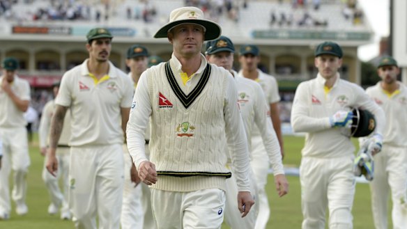 Michael Clarke leads his Test team off the field during the 2015 Ashes at Trent Bridge.
