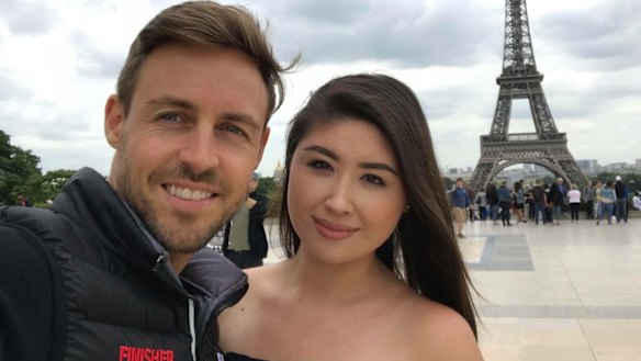 Melbourne student nurse Jade Stevenson and her husband Tom Nuttall reunite in Paris in June, 2018, a year since lodging their partner visa for Tom, a British citizen living in the UAE, to come to Australia. 