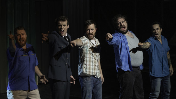 From left, Bradley McDowell, Bailey Lutton, Dave Smith, Max Gambale, Jake Fraser in <i>The Full Monty</i>. 