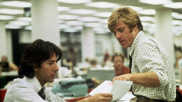 Robert Redford, right, and Dustin Hoffman portray Washington Post reporters Bob Woodward and Carl Bernstein in All the President’s Men.