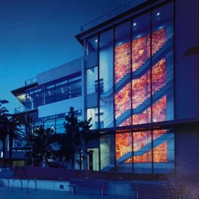 Heartland, public art, Yarra’s Edge, Docklands, Melbourne, 2003.
Heartland is a 15-metre photo print with programmed rear lighting sequence. Developed from an original fabric relief print taken from the ground at Docklands, using natural ochres from the surrounding area.