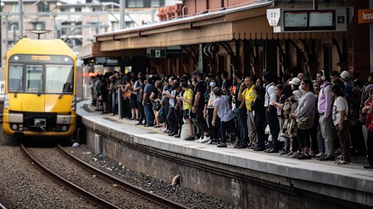 Commuters crowd platforms at  Parramatta station on March 8 after a critical digital system failed.