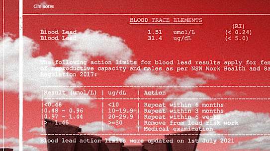 Documents released to NSW parliament have revealed mine workers recorded blood lead levels six times the threshold for intervention.