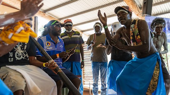 The Manggalili community performs during the opening ceremony of the Garma Festival on Saturday.