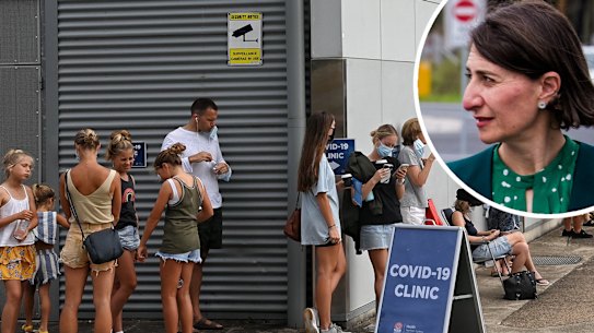 Gladys Berejiklian and queues at COVID testing on northern beaches.