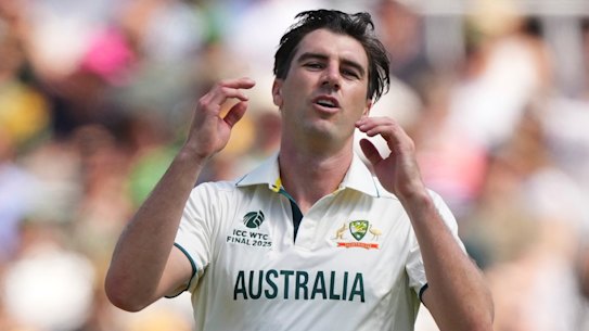 Australia’s captain Pat Cummins, right, reacts after bowling a delivery on day four at Lord’s. 