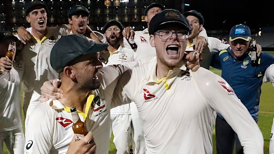 Overstepping the mark: Steve Smith seemingly mocks Jack Leach during Australia's celebrations at Old Trafford.