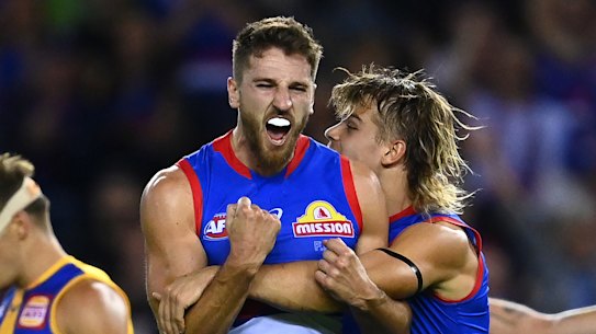 Marcus Bontempelli celebrates after scoring as he led the way in the club’s win.
